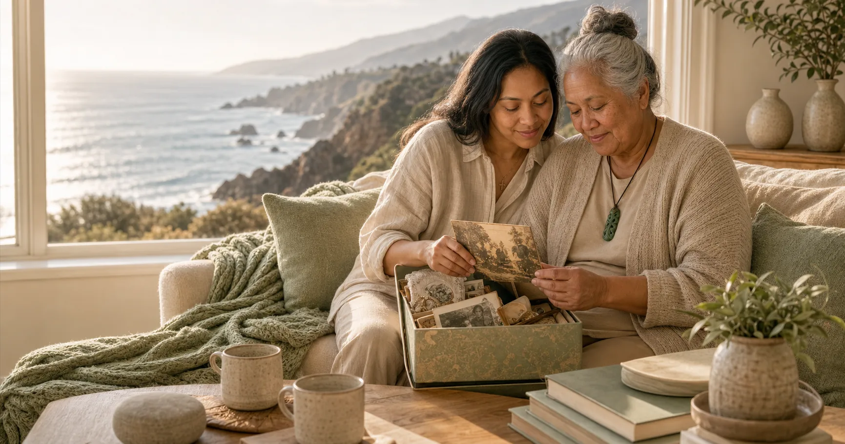 A Pacific Islander grandmother and younger adult relative sit near a coastal window with a memory box, photographs, and a sage blanket.