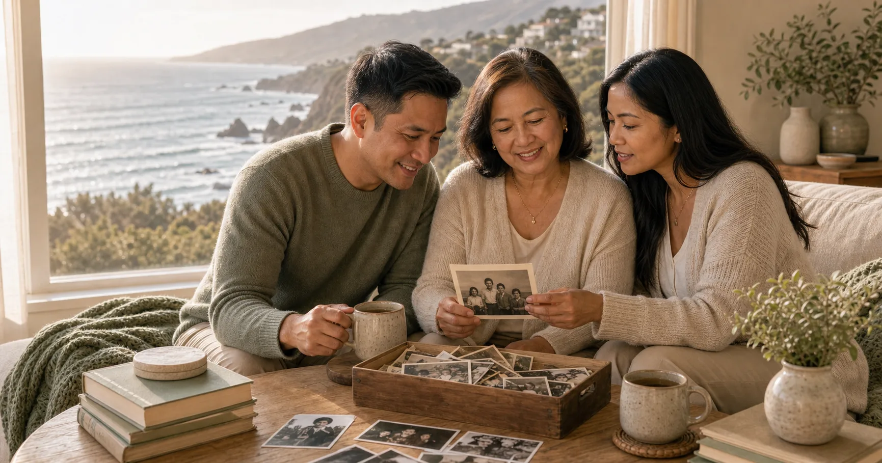 A Filipino family sits by a coastal window with tea and family photos, sharing stories around a light wood table.