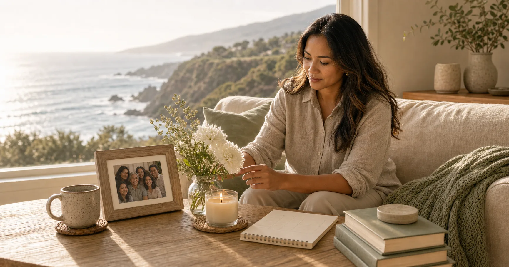 A Filipino woman sits by a coastal window with flowers, a candle, and a framed photograph on a calm cream and sage table.