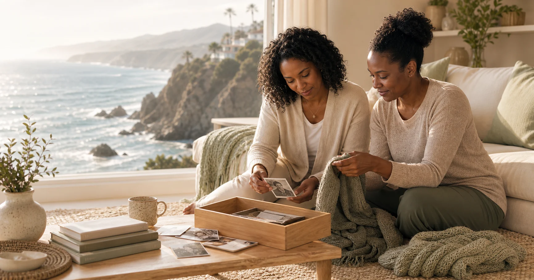 Two sisters sitting together by a coastal window, carefully sorting photographs and keepsakes from a memory box.