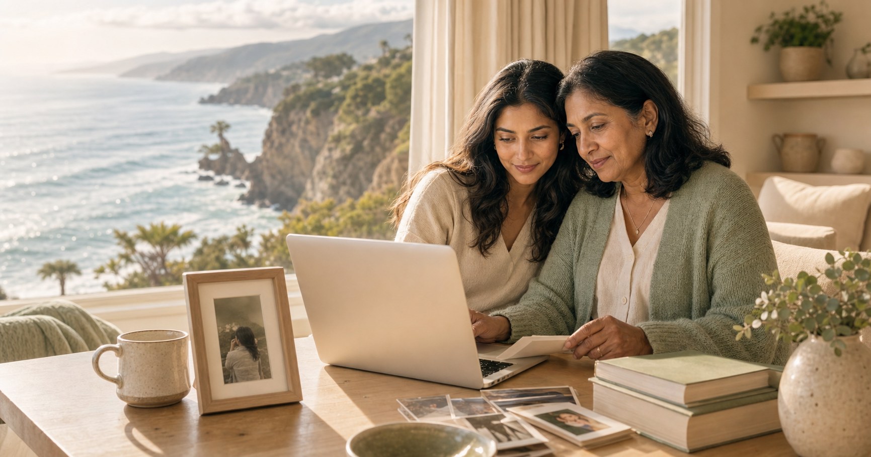 A mother and daughter sitting beside a coastal window, preserving family photos privately on a laptop.