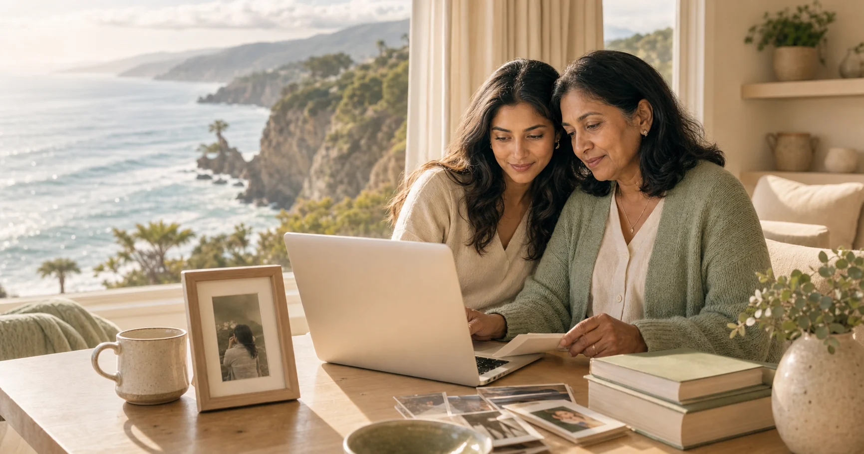 A mother and daughter sitting beside a coastal window, preserving family photos privately on a laptop.