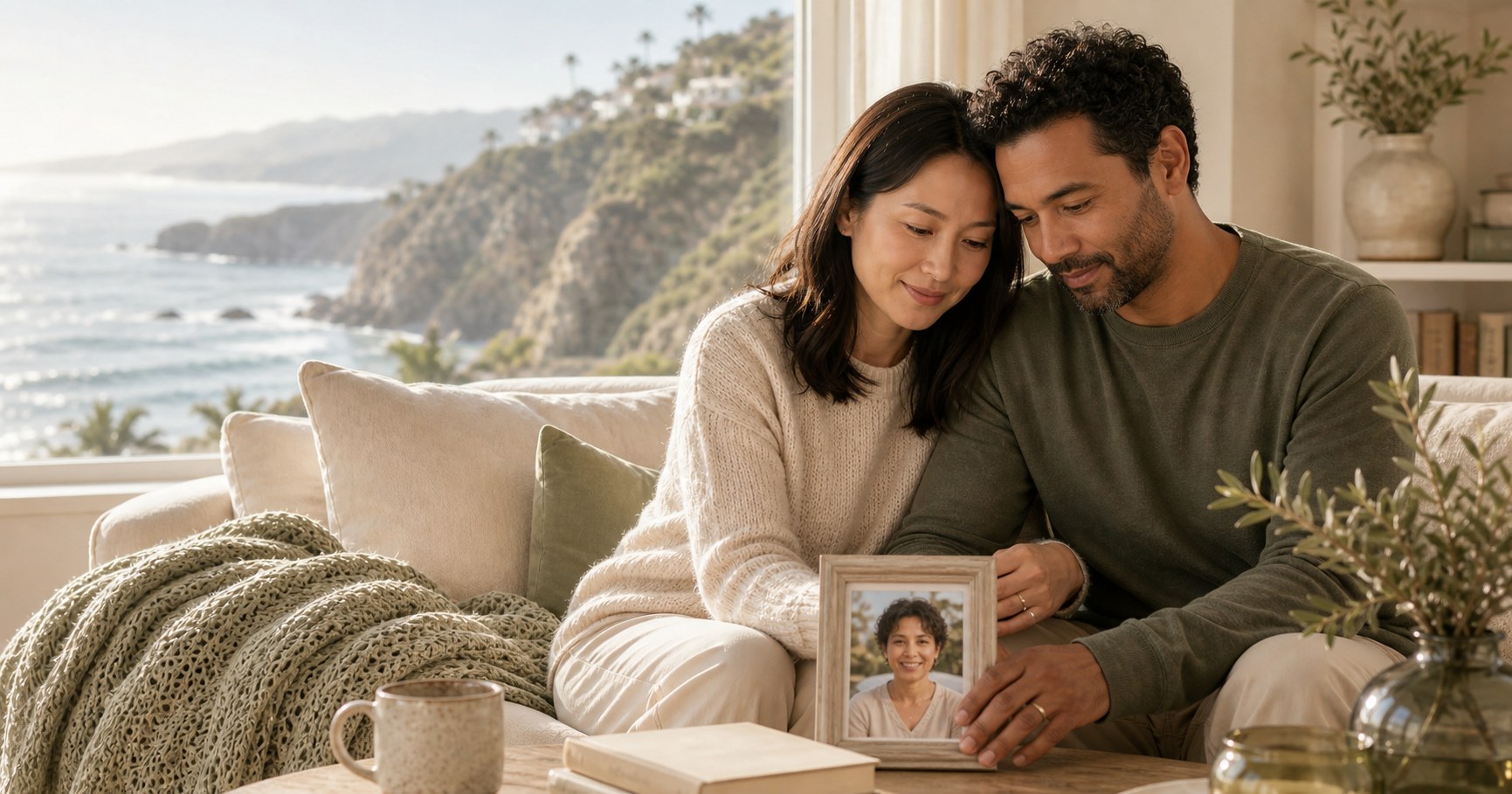 A couple sitting close by a coastal window, holding a framed photograph during a quiet moment of remembrance.