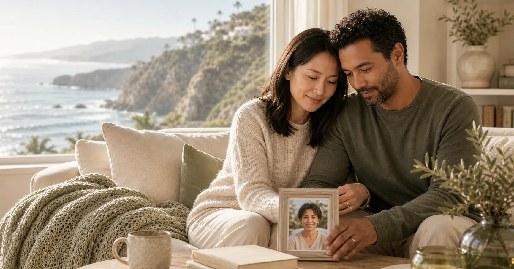 A couple sitting close by a coastal window, holding a framed photograph during a quiet moment of remembrance.