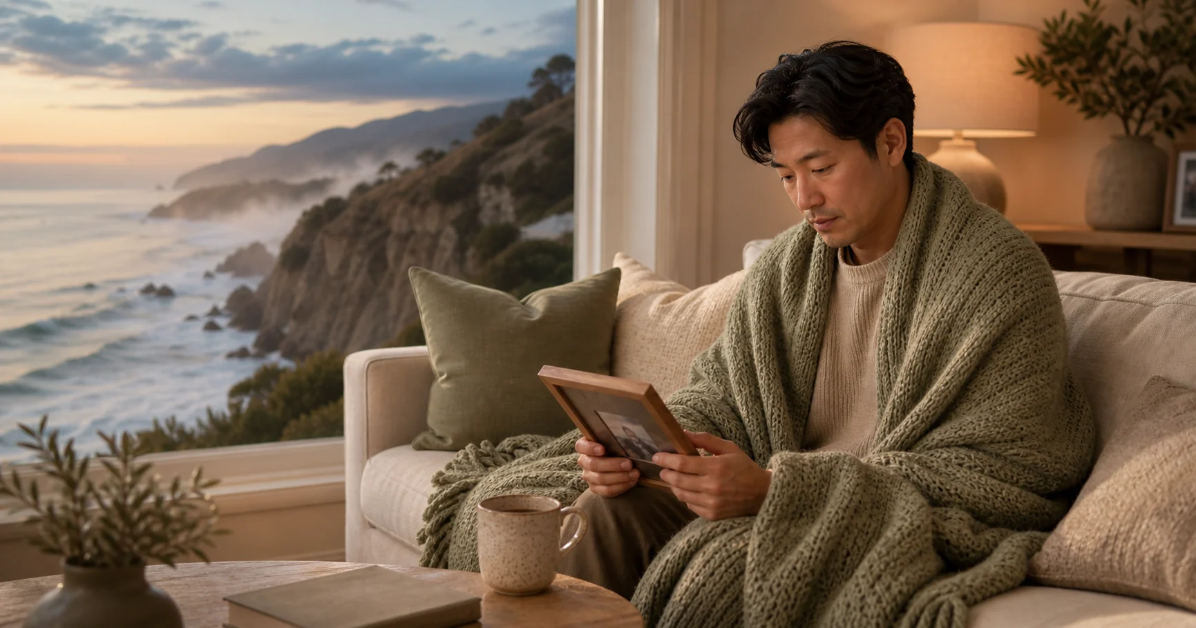 A man wrapped in a sage blanket at dawn, holding a framed photograph beside a coastal window.