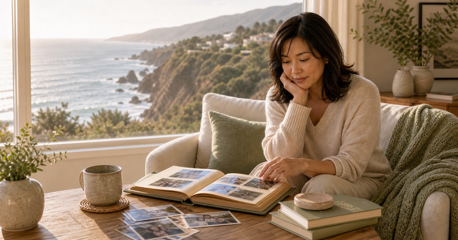 A Japanese woman sits by a coastal window with a photo album and tea, pausing over family pictures in quiet reflection.