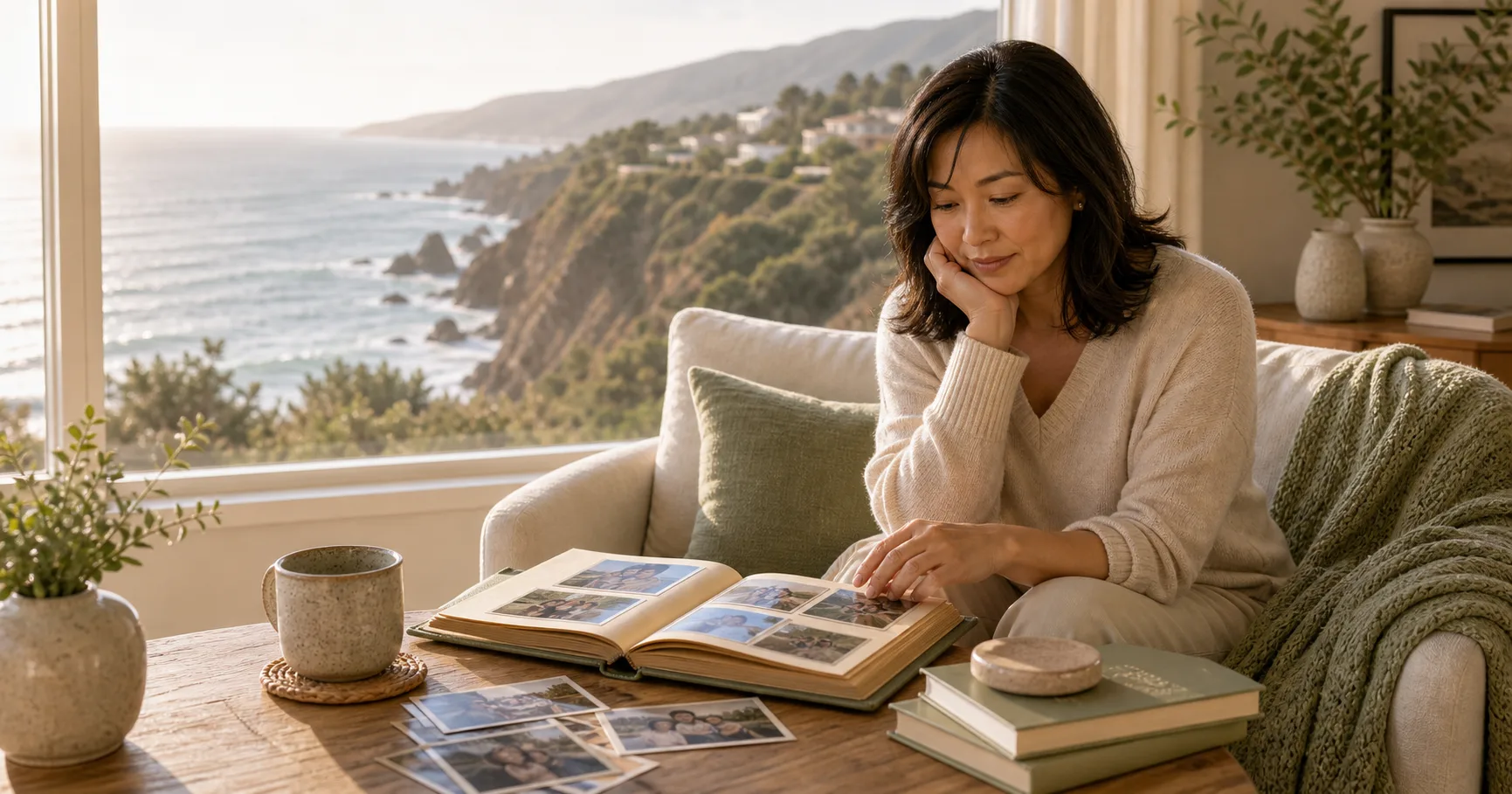 A Japanese woman sits by a coastal window with a photo album and tea, pausing over family pictures in quiet reflection.