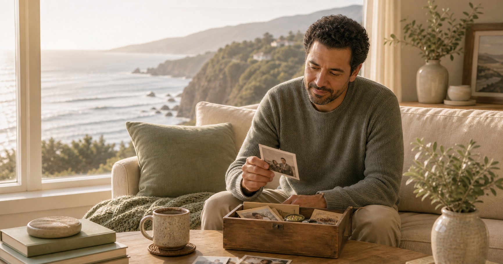 A Middle Eastern man sits by a coastal window with a memory box and family photographs, holding one picture with quiet tenderness.