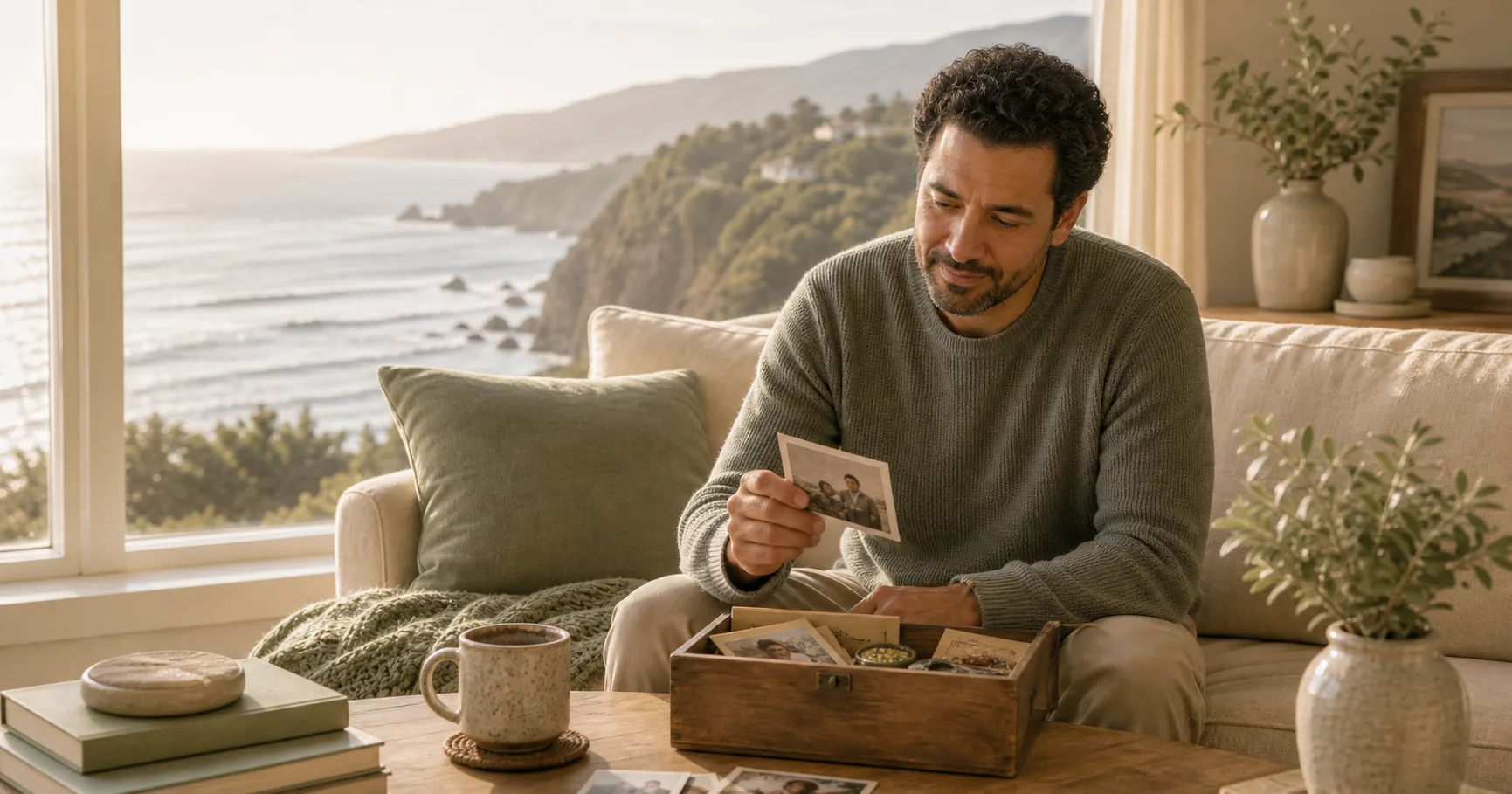 A Middle Eastern man sits by a coastal window with a memory box and family photographs, holding one picture with quiet tenderness.