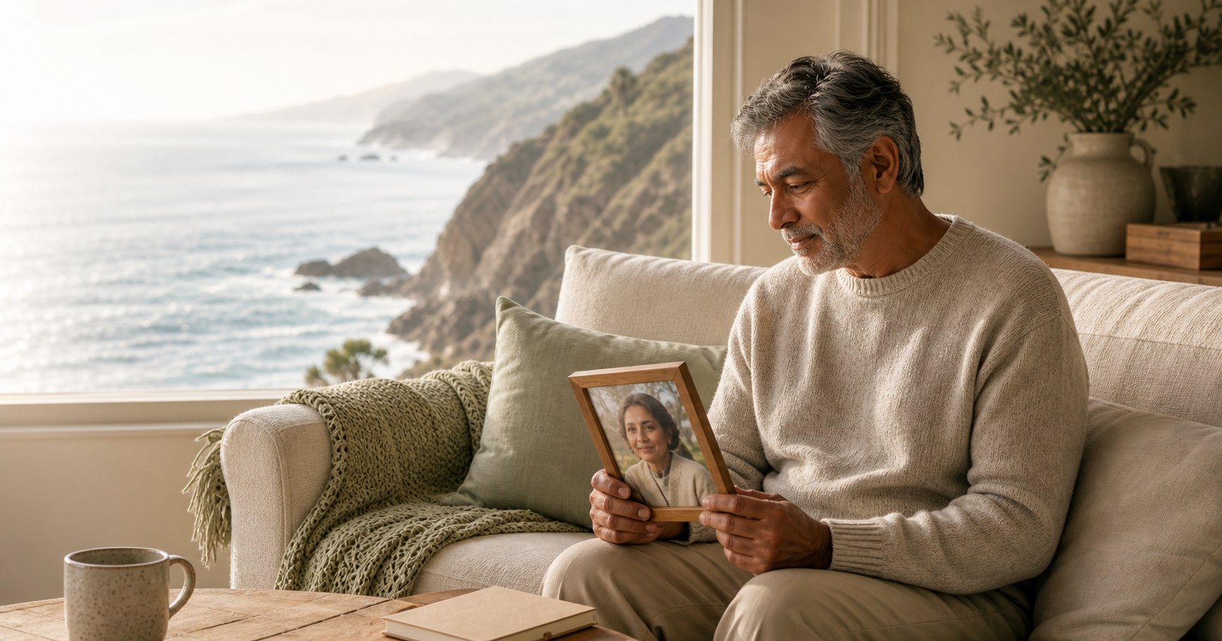A widower sitting peacefully by a coastal window, holding a framed photograph in quiet remembrance.
