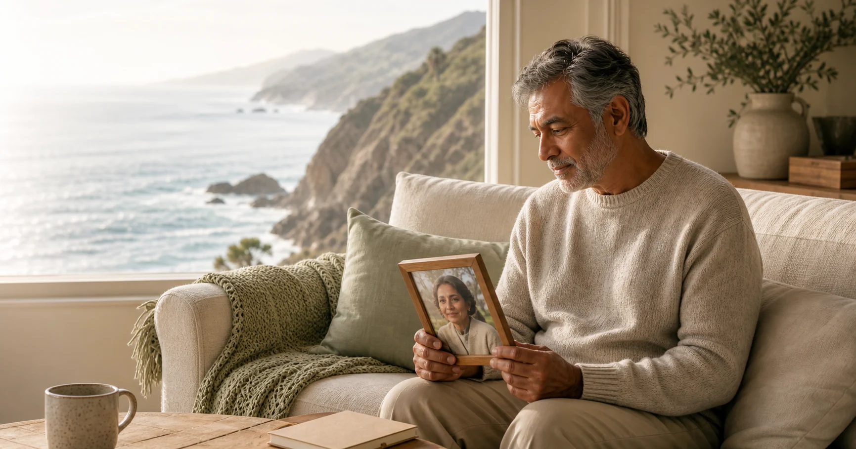A widower sitting peacefully by a coastal window, holding a framed photograph in quiet remembrance.