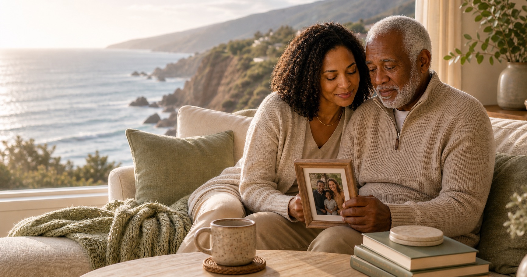A Black adult daughter and her older father sit together by a coastal window, looking at a framed family photograph with quiet warmth.