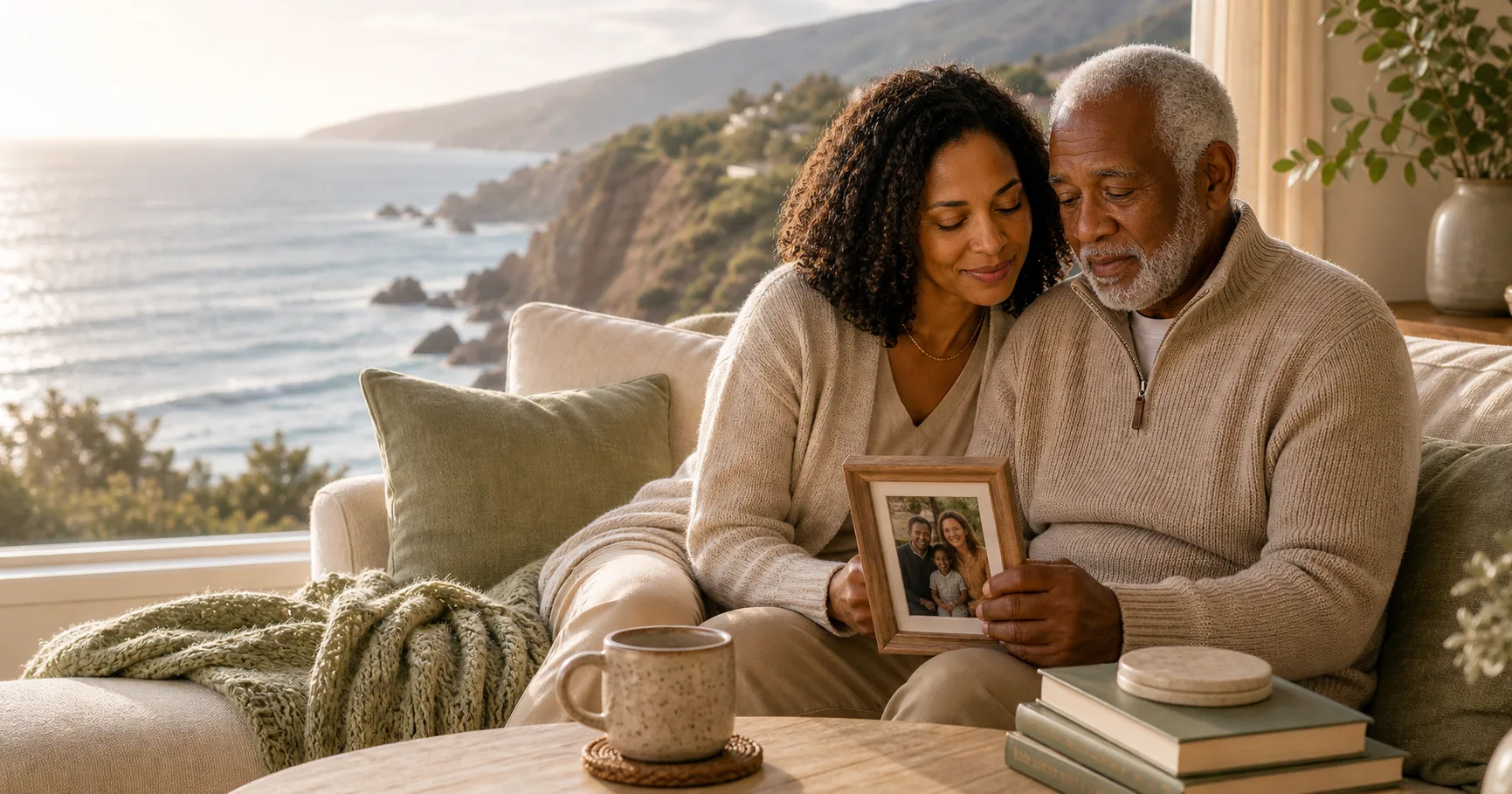 A Black adult daughter and her older father sit together by a coastal window, looking at a framed family photograph with quiet warmth.