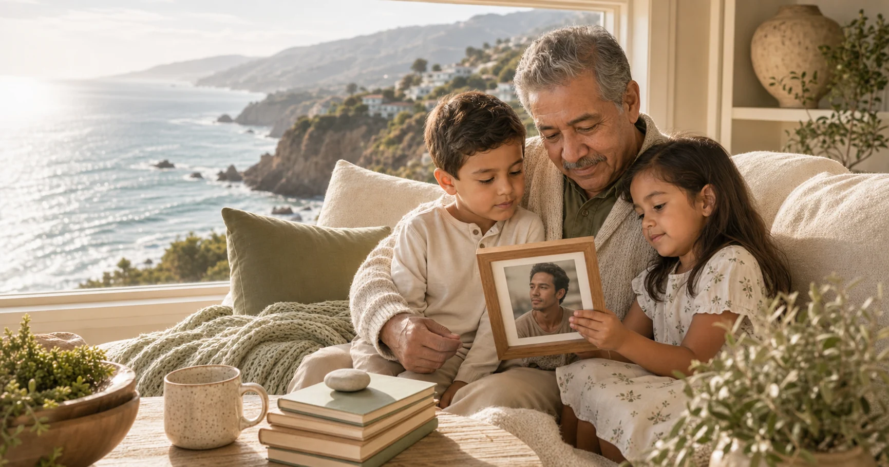 A grandfather and two grandchildren sitting by a coastal window, looking at a framed family photograph together.