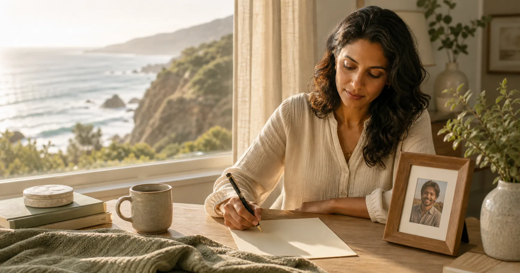 A South Asian woman writes a letter beside a framed photograph, a ceramic mug, and a sunlit coastal window.