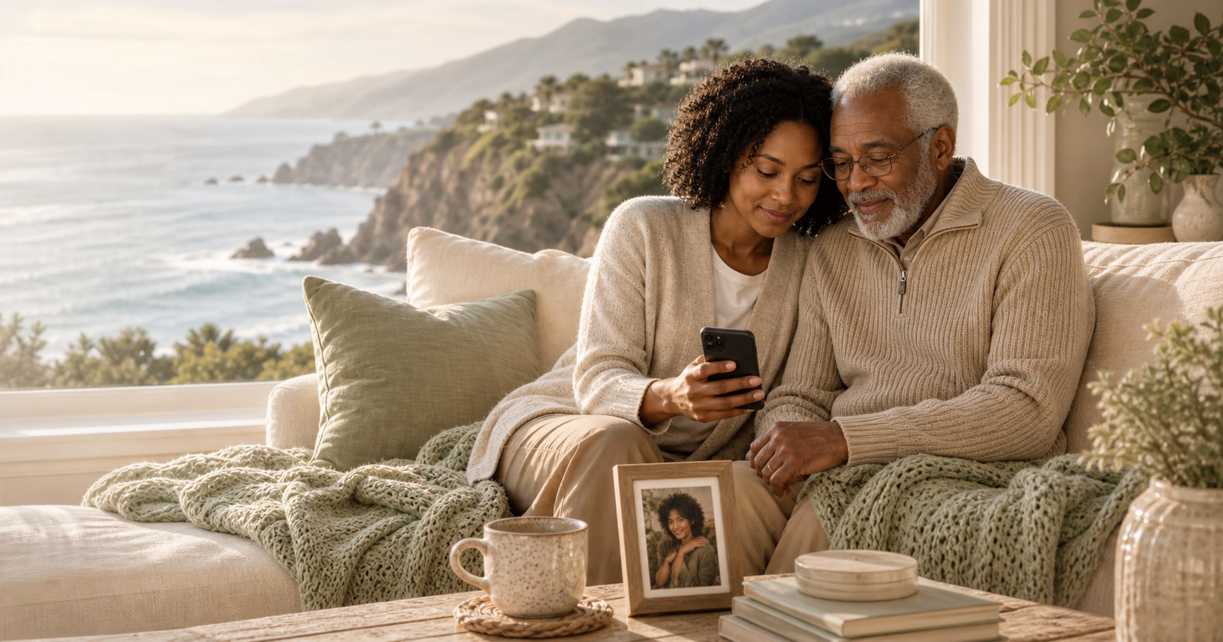 An adult daughter and her father sitting close by a coastal window, listening quietly beside a framed photograph.