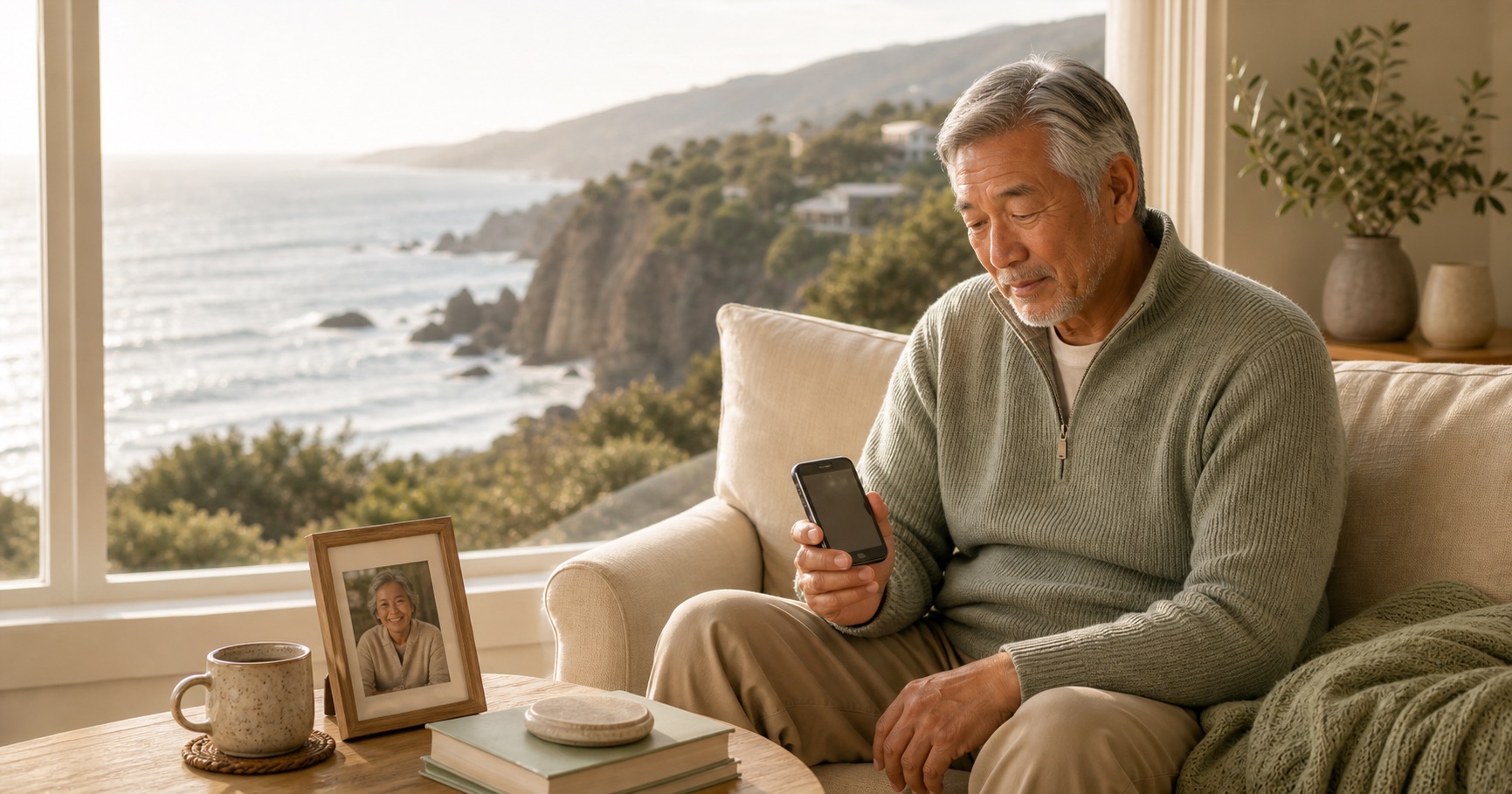 An older East Asian widower sits in soft morning light near a coastal window, holding a phone beside a framed photograph and green books.