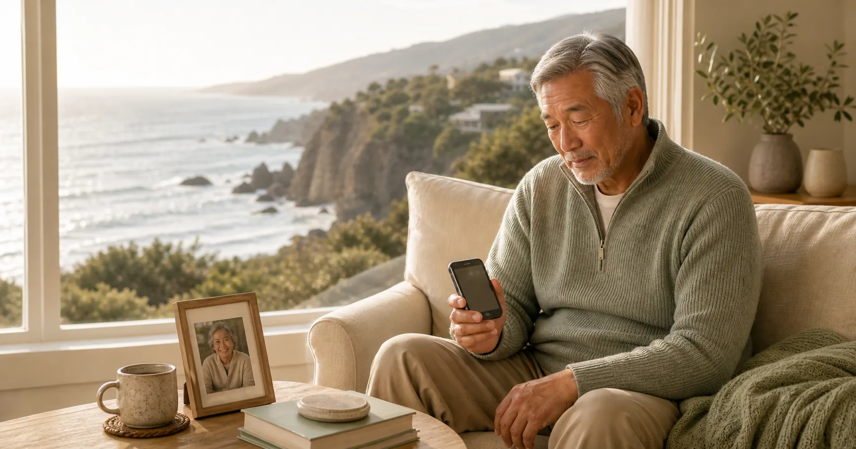 An older East Asian widower sits in soft morning light near a coastal window, holding a phone beside a framed photograph and green books.
