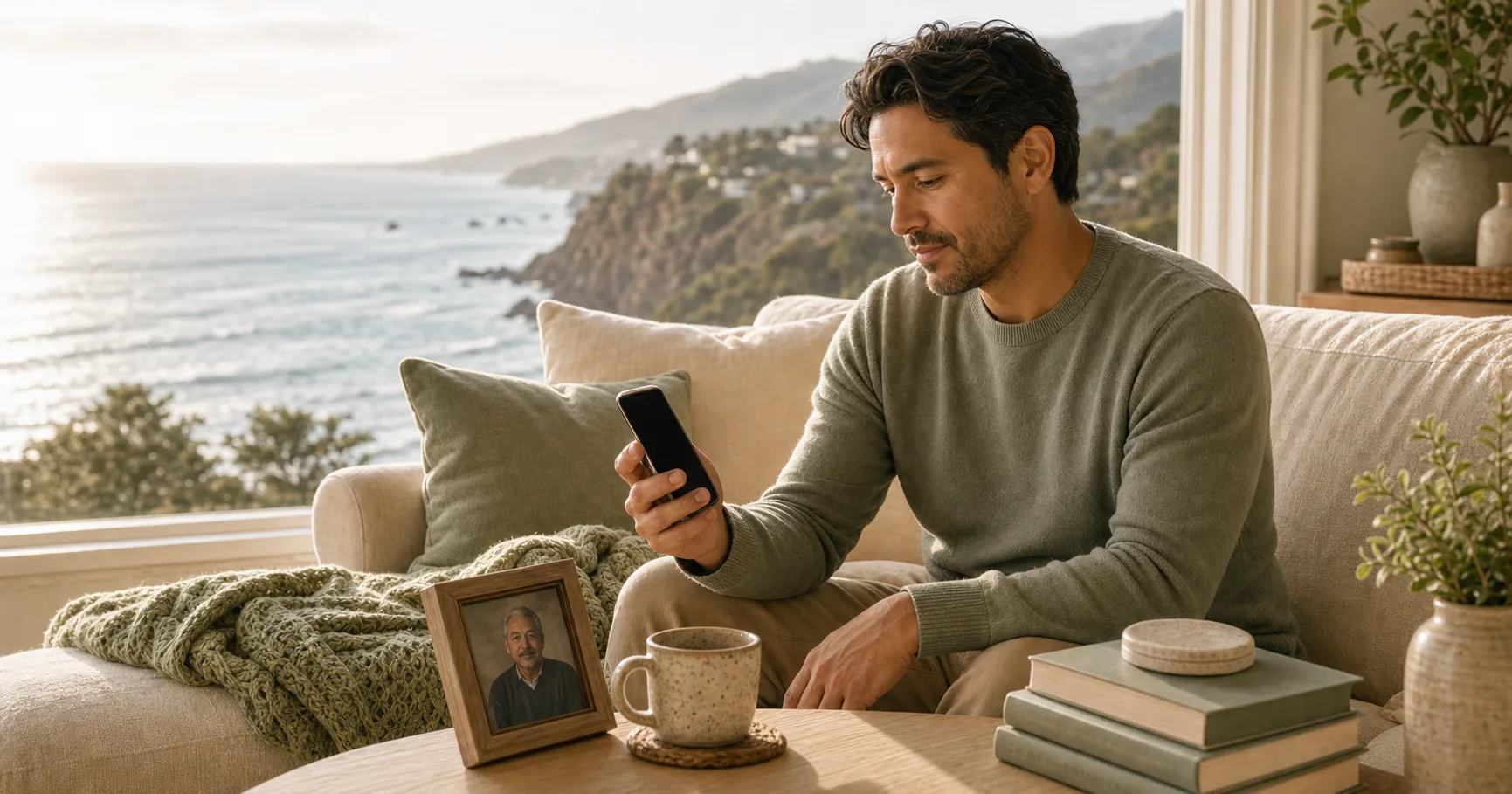 A Latino adult son sits by a bright coastal window with a phone, a framed photograph, and a cup of tea on a light wood table.