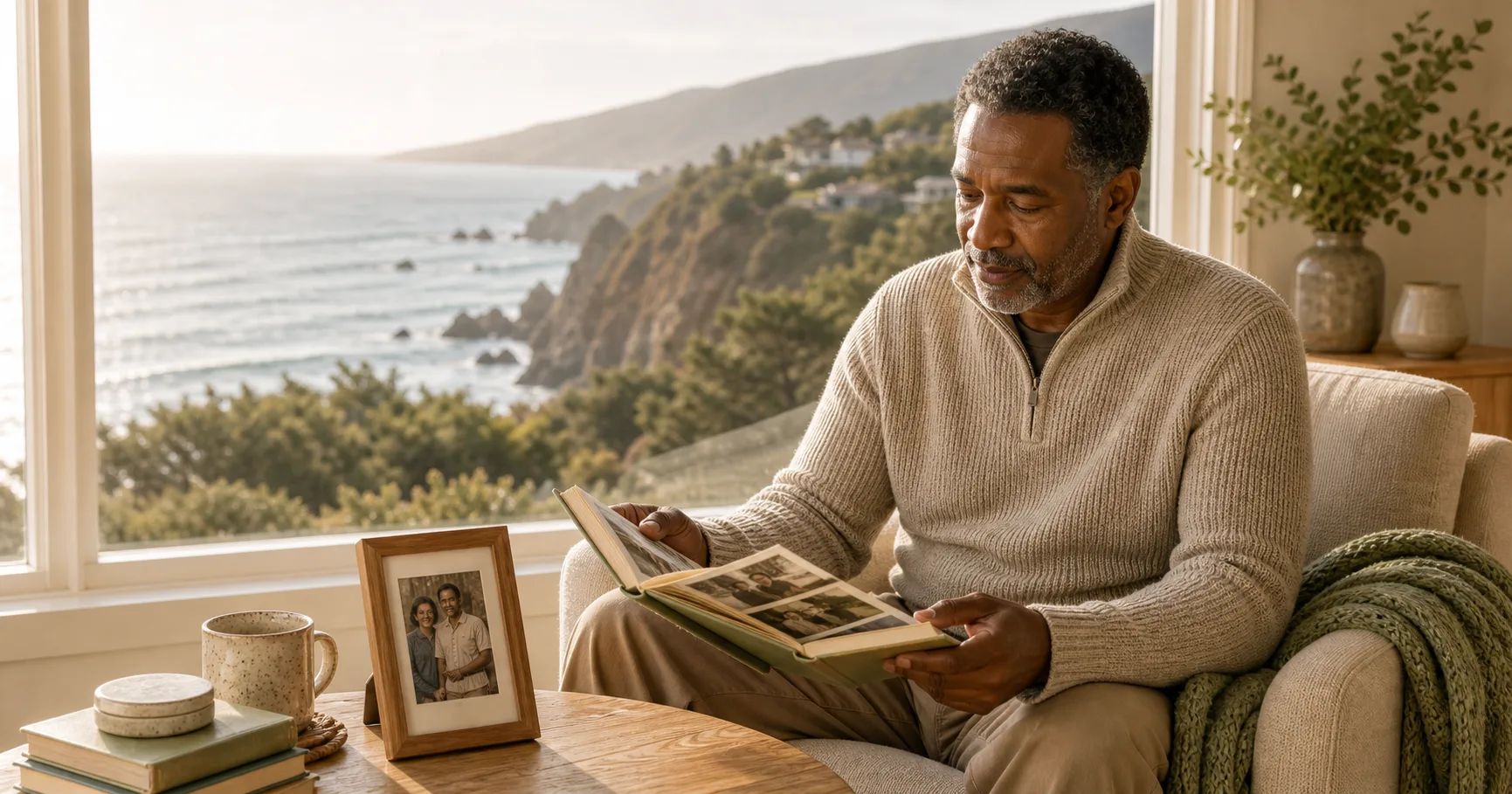 An East African man sits by a coastal window with a photo album, a framed photograph, and green books in warm morning light.