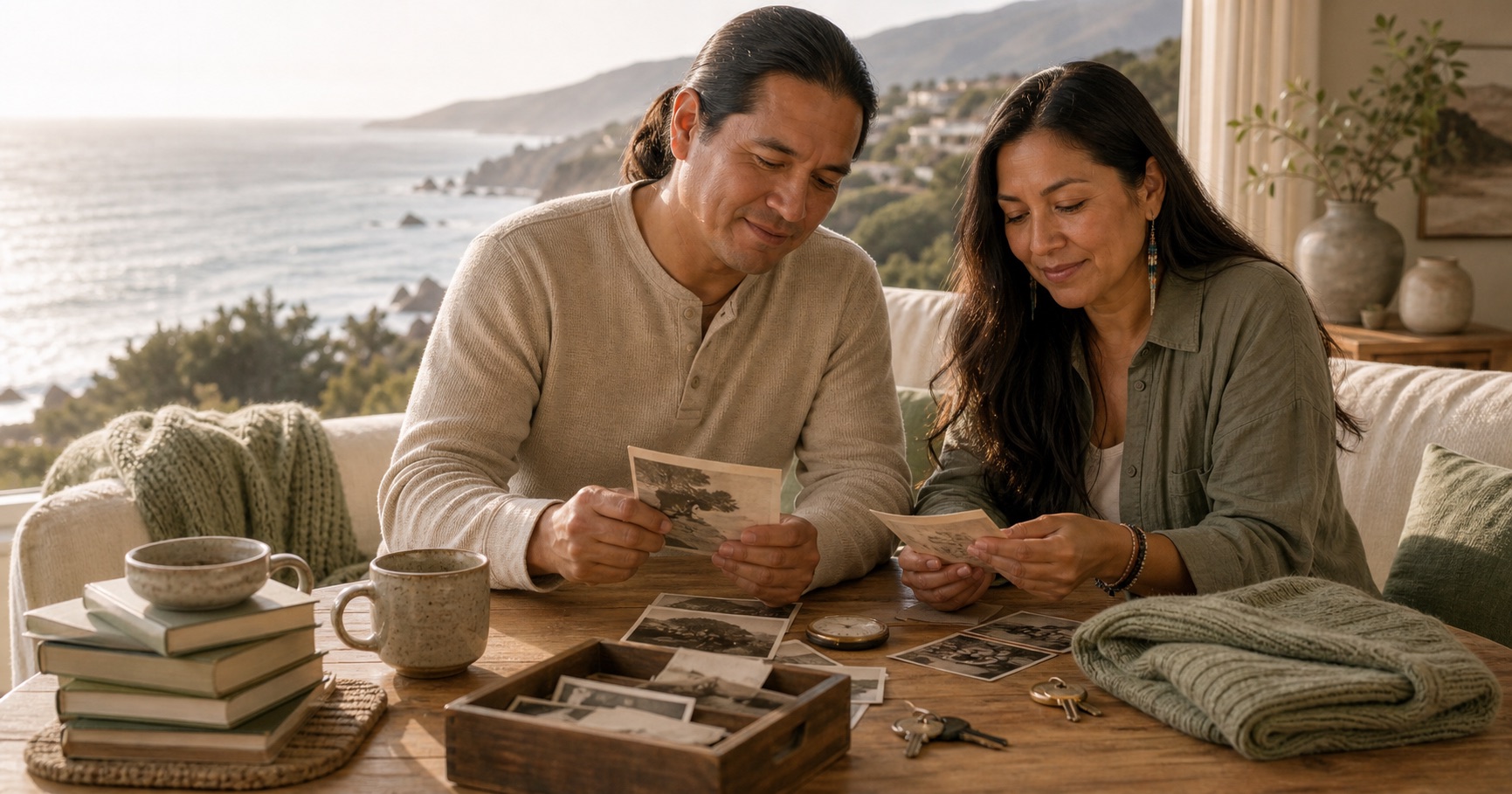 Two Native American adult siblings sit at a light wood table by a coastal window, sorting photographs, a mug, and small keepsakes with calm affection.