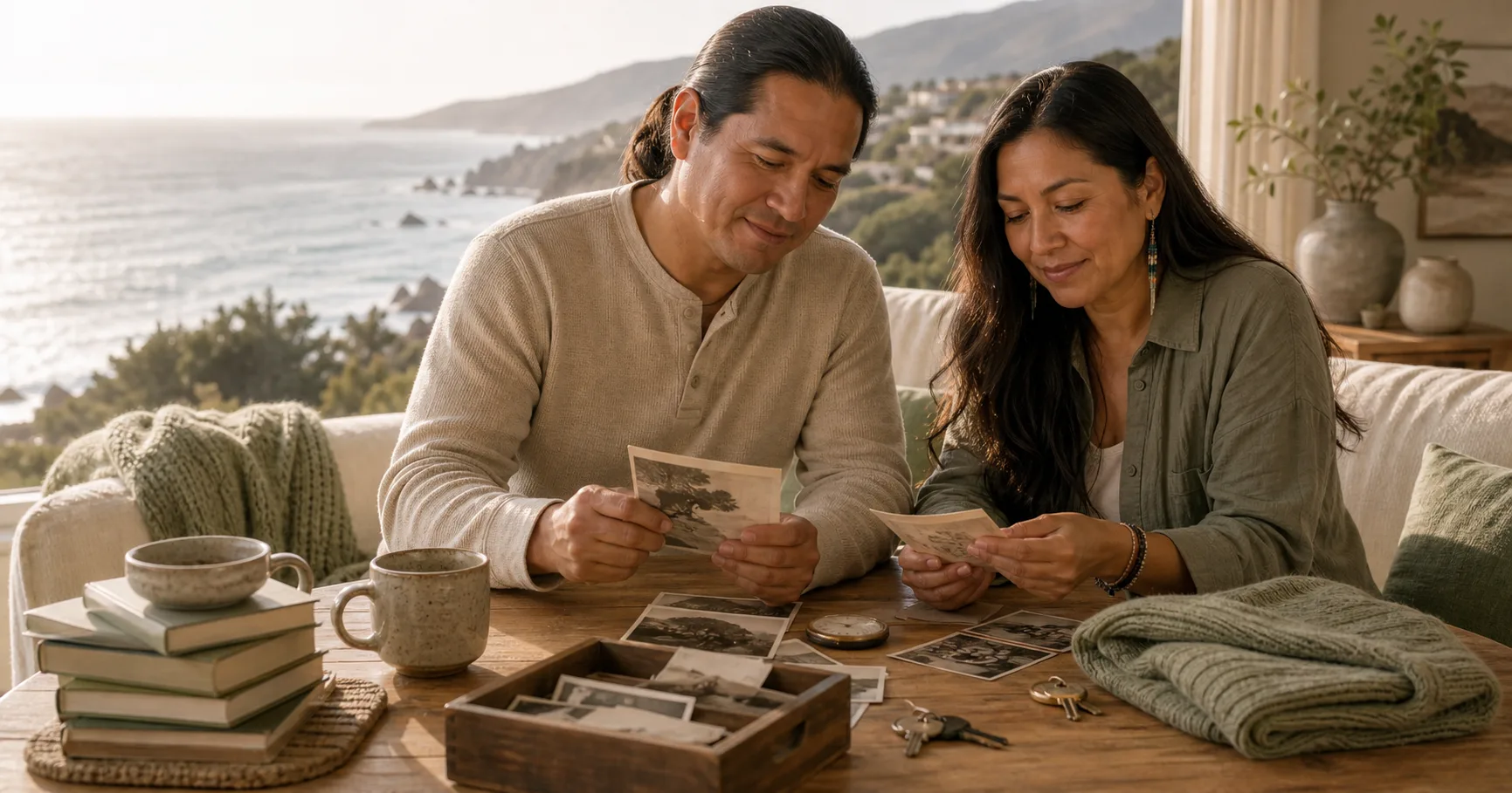Two Native American adult siblings sit at a light wood table by a coastal window, sorting photographs, a mug, and small keepsakes with calm affection.