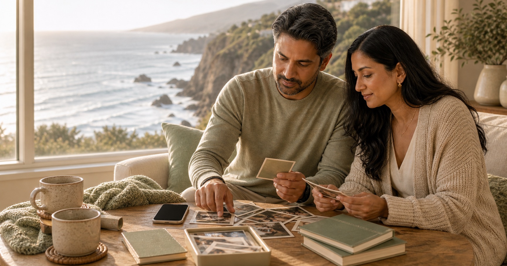 South Asian siblings sit by a coastal window sorting photographs, a phone, and green notebooks on a light wood table.