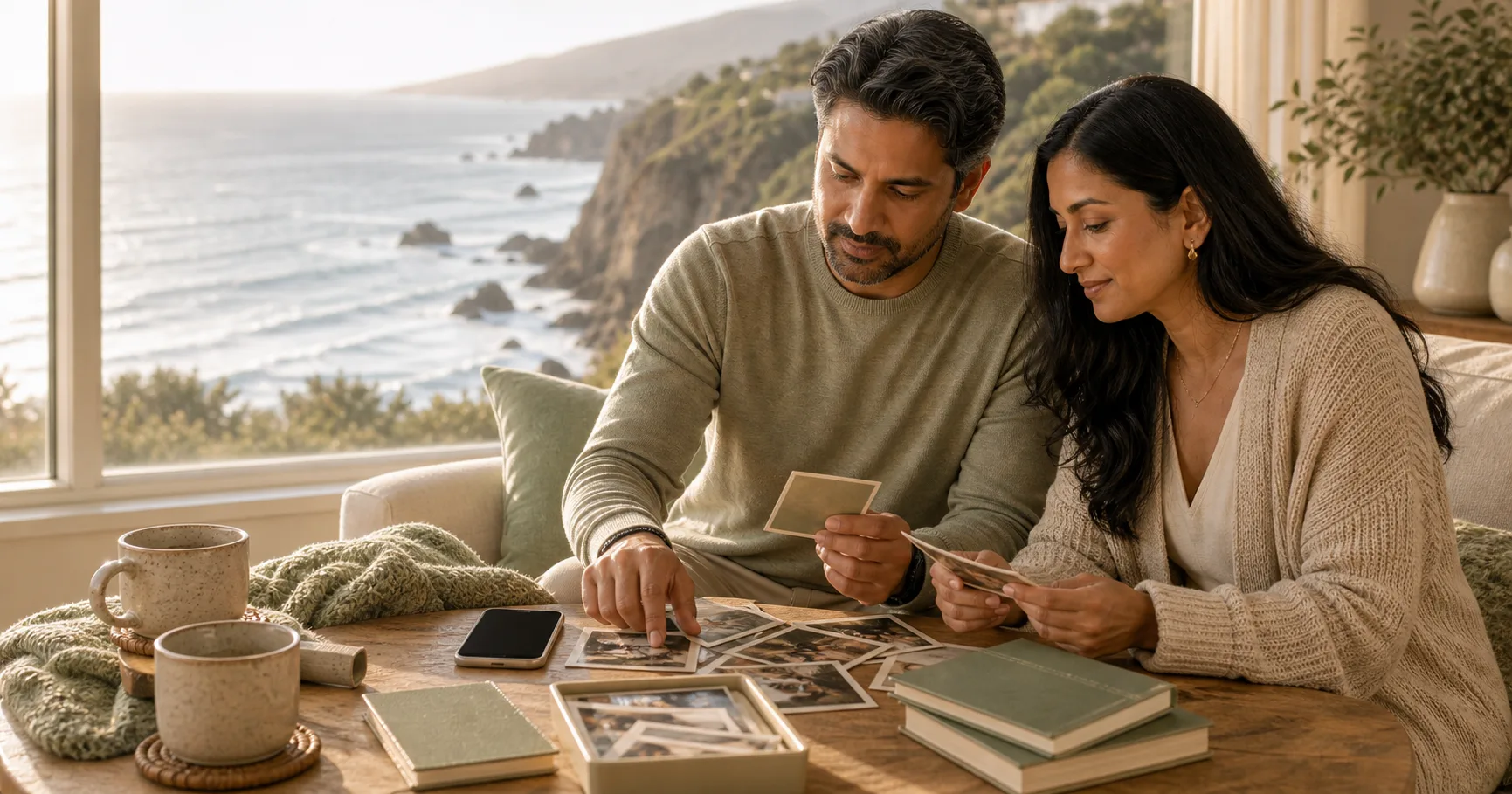 South Asian siblings sit by a coastal window sorting photographs, a phone, and green notebooks on a light wood table.