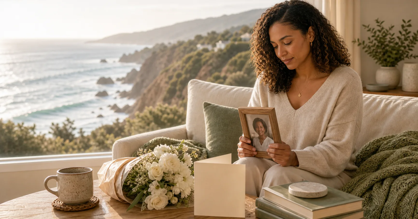 A Black woman sits by a coastal window holding a framed parent photograph beside flowers and a blank celebration card.