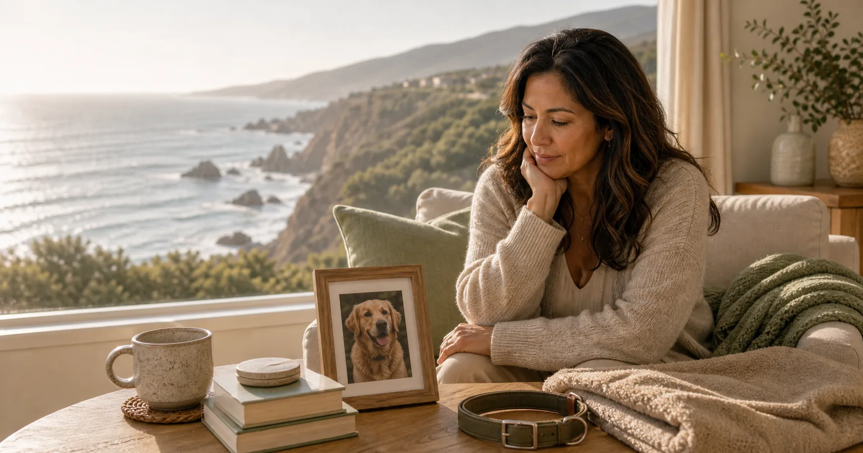 A Hispanic woman sits by a coastal window with a framed pet photograph, a soft blanket, and a collar resting on a light wood table.