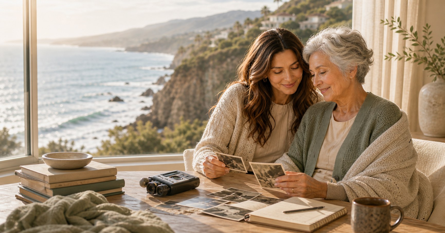 A granddaughter and grandmother sitting near a coastal window, looking through family photographs together.
