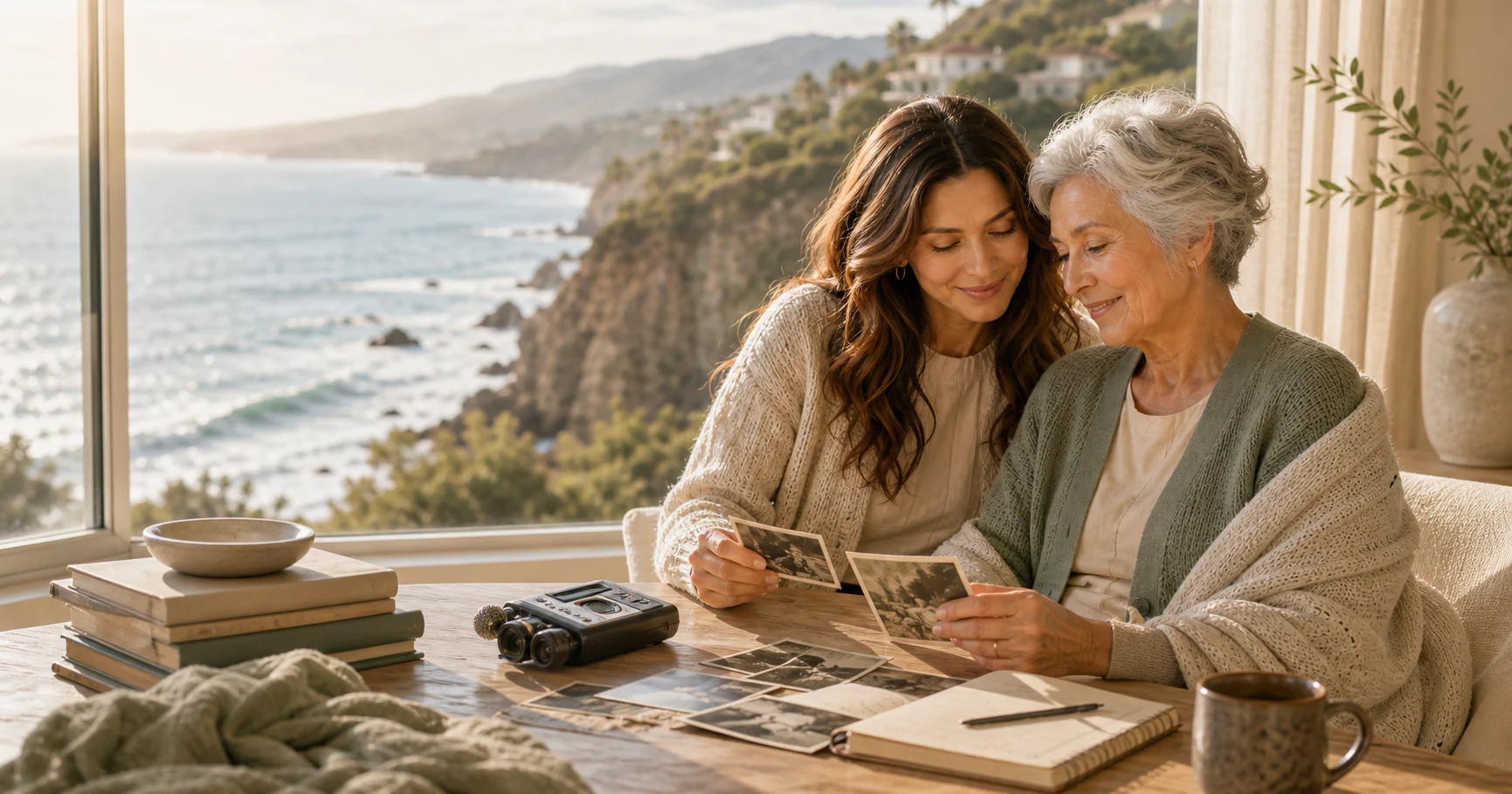 A granddaughter and grandmother sitting near a coastal window, looking through family photographs together.