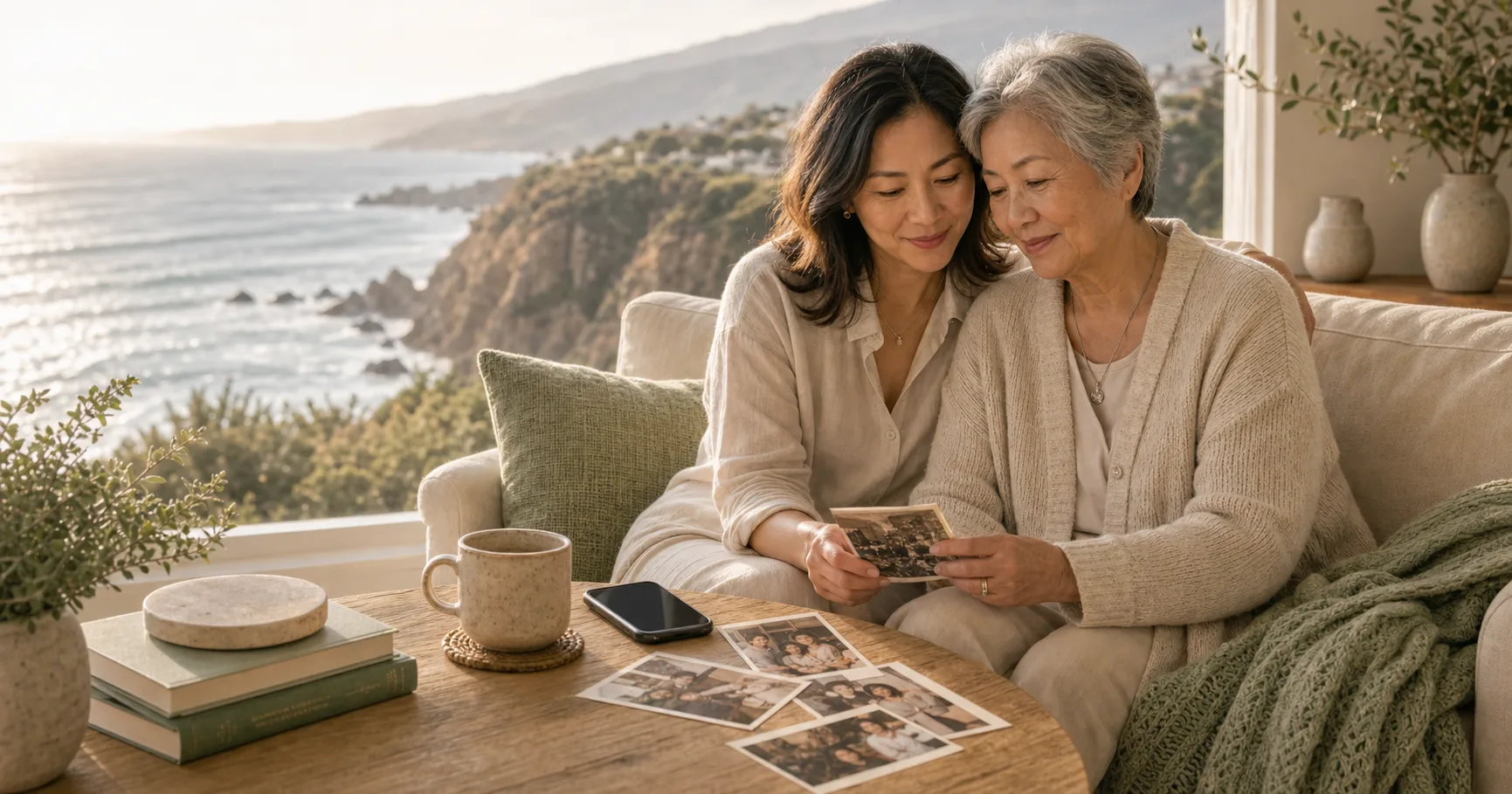 An East Asian family sits near a bright coastal window with tea, a blanket, and a phone resting quietly beside family photographs.