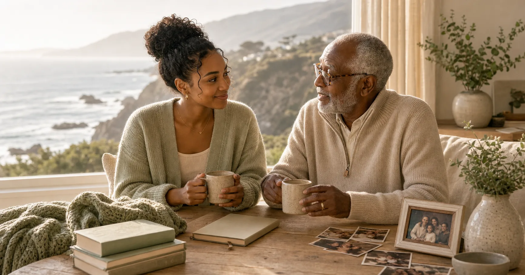 An East African granddaughter and grandfather sit by a bright coastal window, sharing tea while a notebook and family photographs rest nearby.