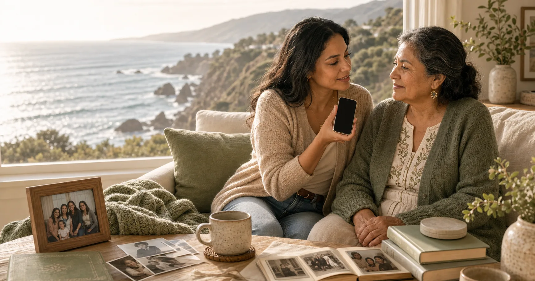 A Latina adult daughter and her older mother sit together by a sunlit coastal window, recording a family story on a phone with tea nearby.