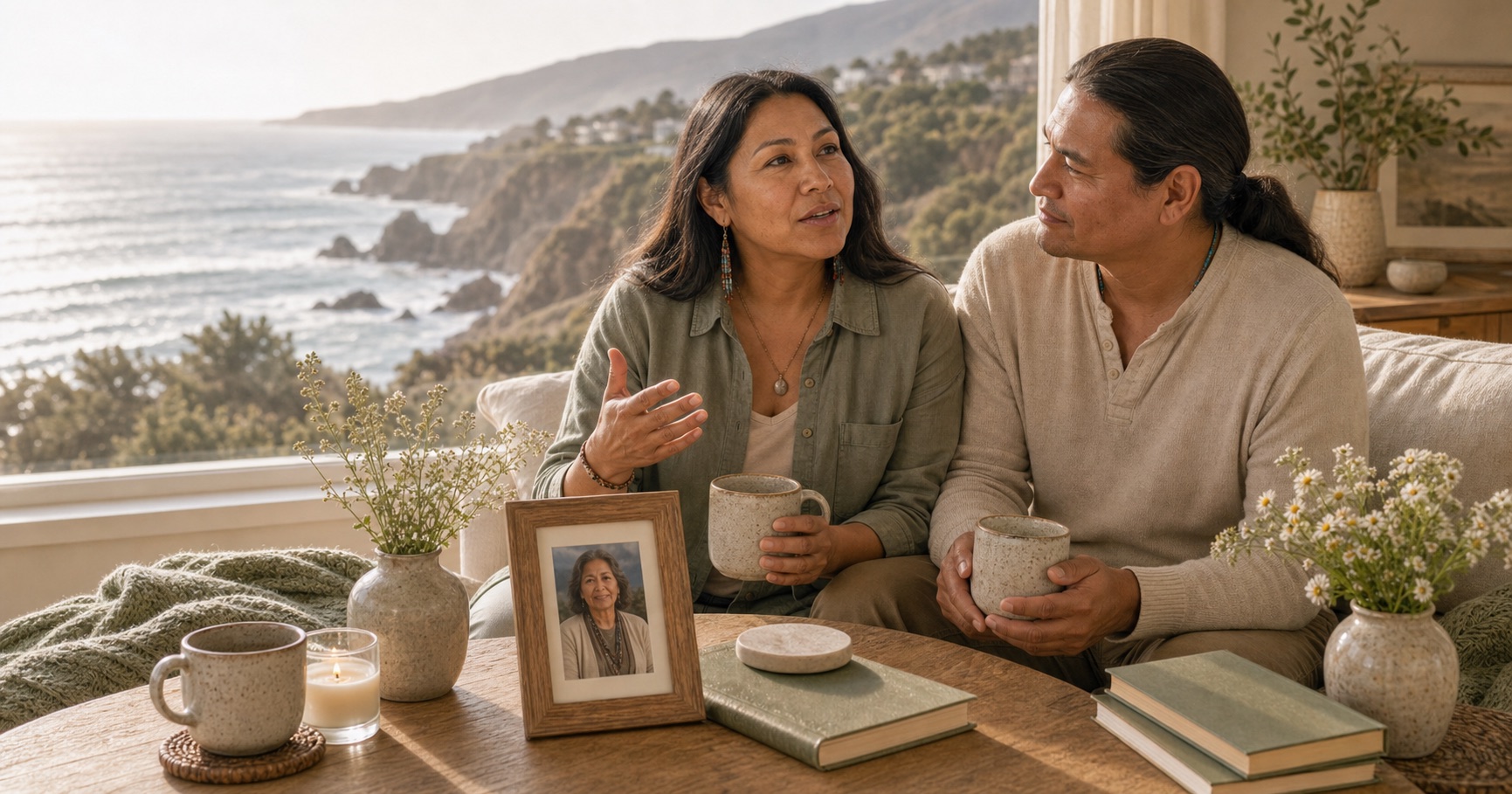 A Native American family sits by a coastal window with a framed photograph, flowers, and tea in soft cream and sage light.