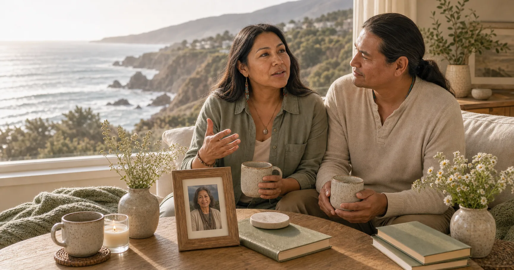 A Native American family sits by a coastal window with a framed photograph, flowers, and tea in soft cream and sage light.