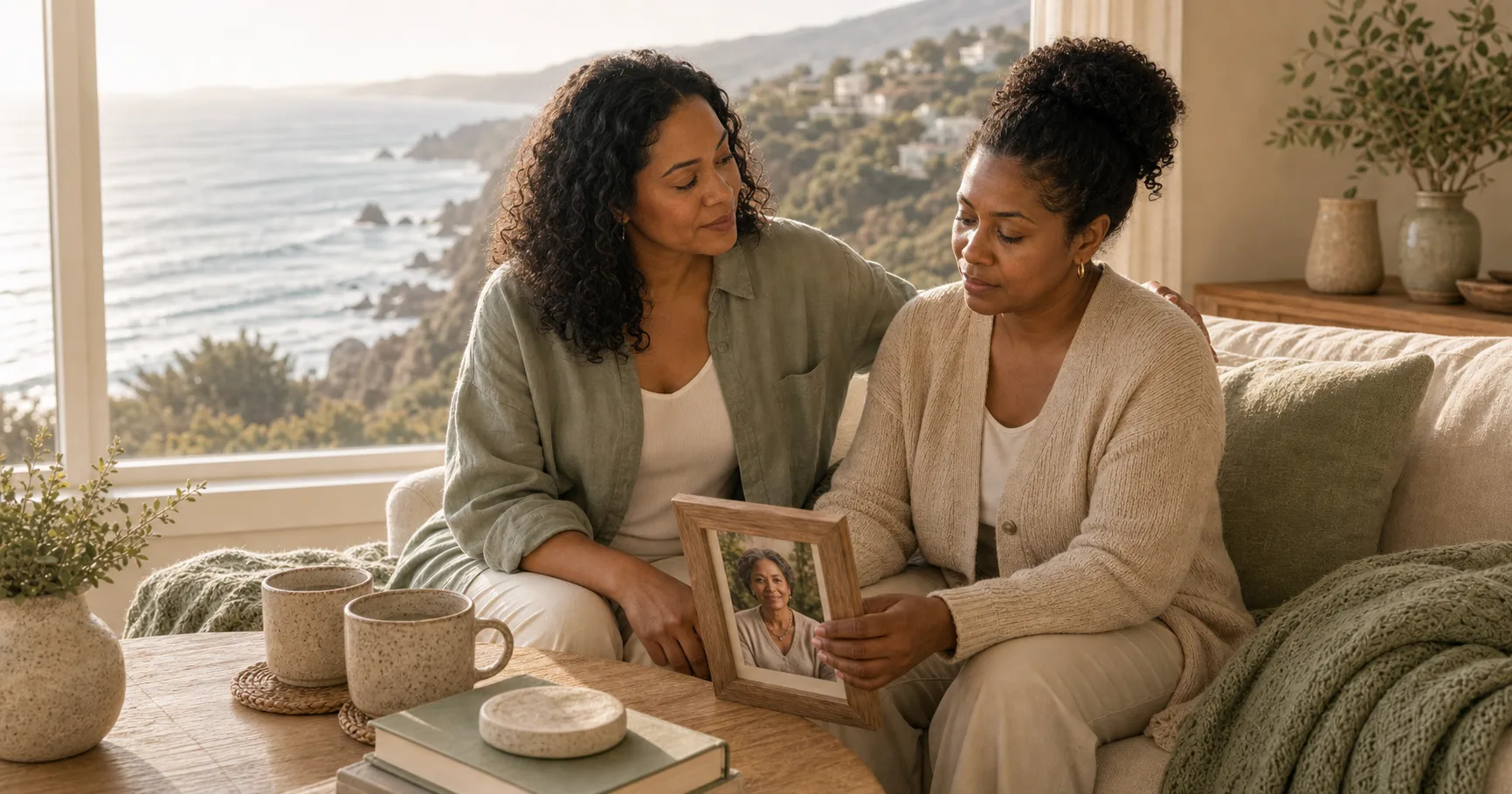 Two Black friends sit together by a coastal window with tea and a framed photograph, sharing quiet support in soft sage light.