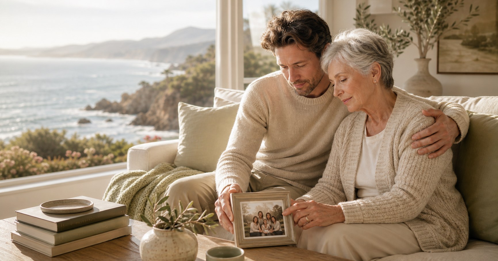 An adult son and his mother sitting close by a coastal window, holding a family photograph together.