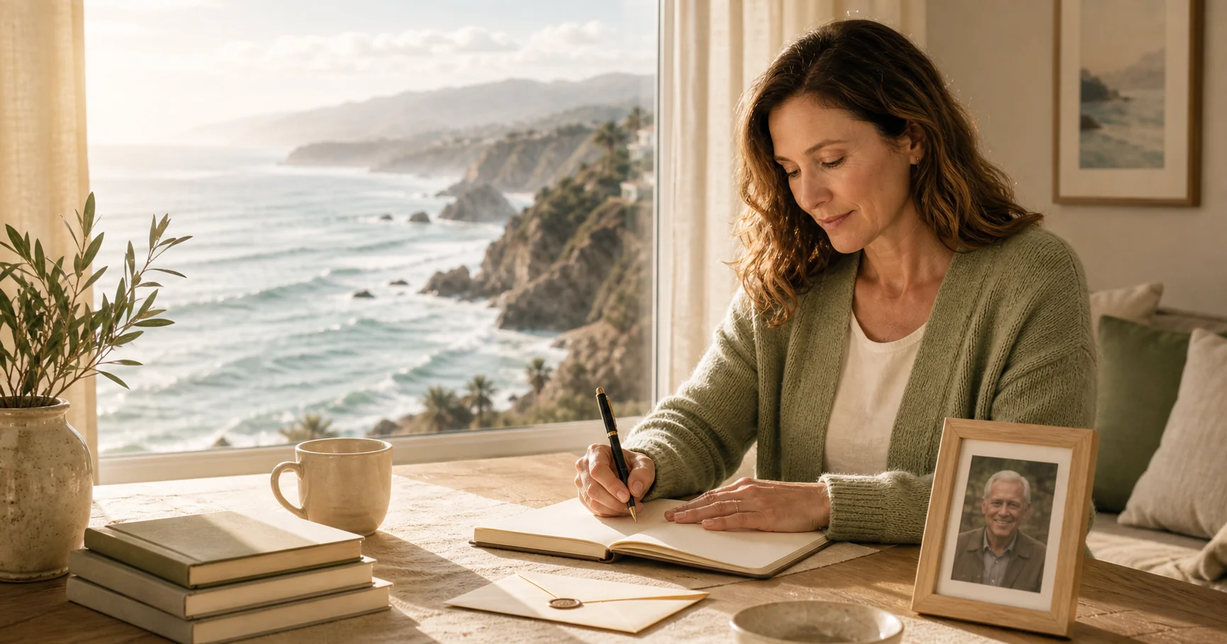 A woman writing in a notebook beside a framed photograph and a coastal window in soft morning light.