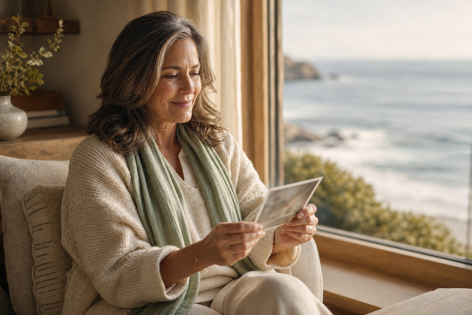 A woman in warm coastal light holding a printed photograph.