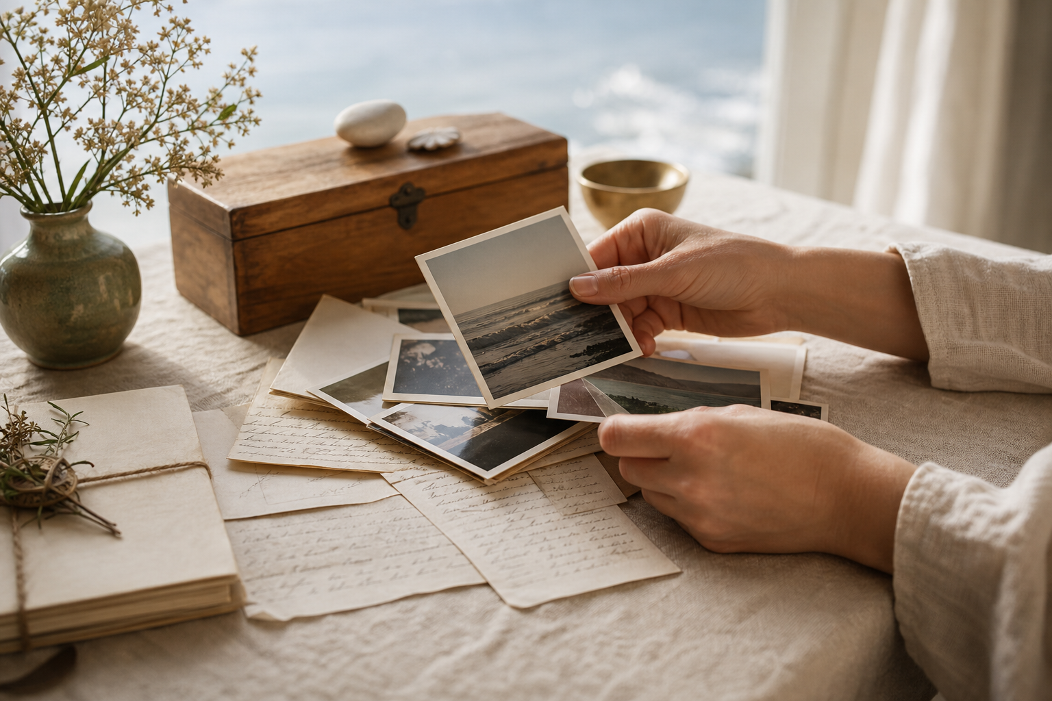 Hands arranging printed photographs and letters on soft linen in warm coastal light