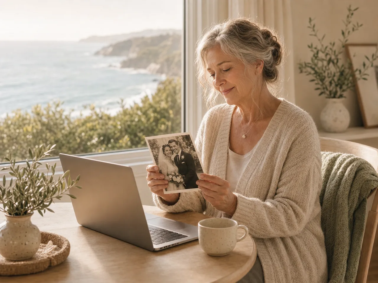 A woman at a laptop looking at a treasured wedding photograph beside a coastal window