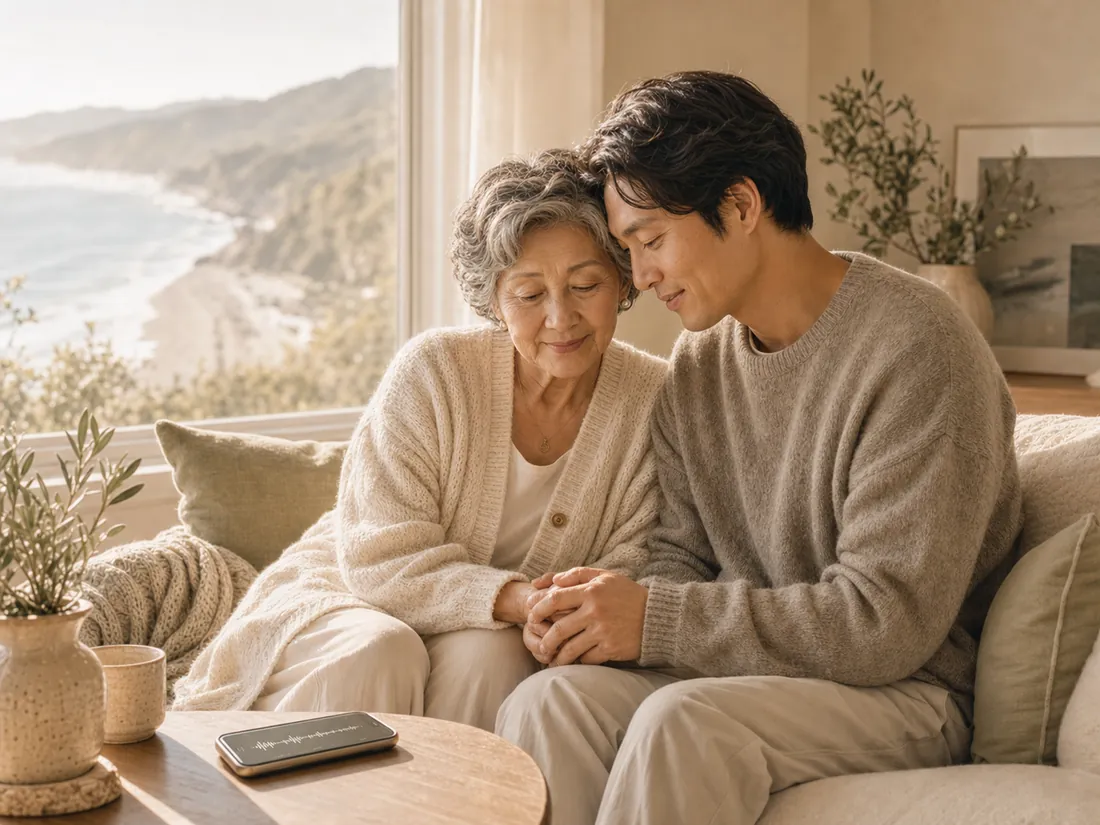 An Asian grandmother and adult grandson listening together near a window