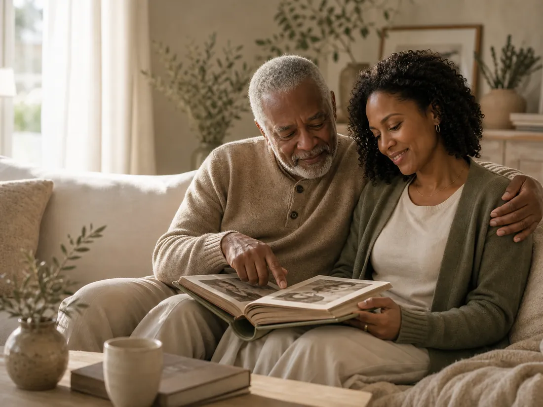 A Black father and adult daughter looking through a family album