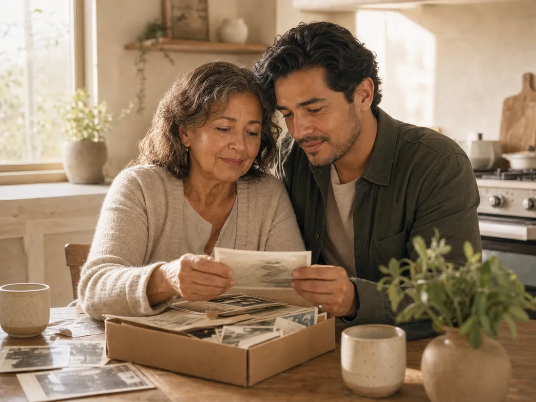 A Latina mother and adult son looking through old photographs